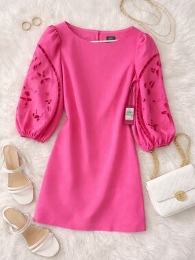 Vince Camuto Hot Pink Puff Sleeve Dress NWT Eyelet Sleeve Size 8 Barbiecore